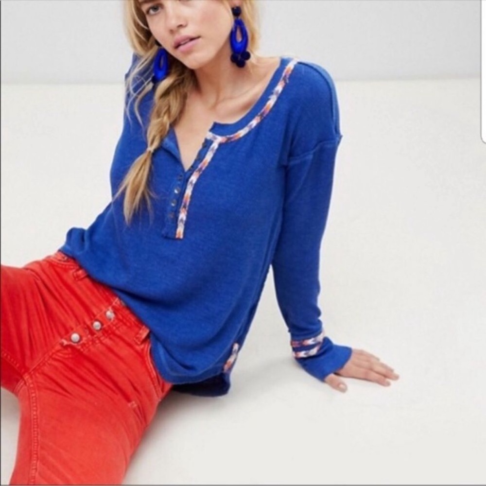 We are the Free by Free people Rainbow Blue Long Sleeve Thermal Tee Small Boho